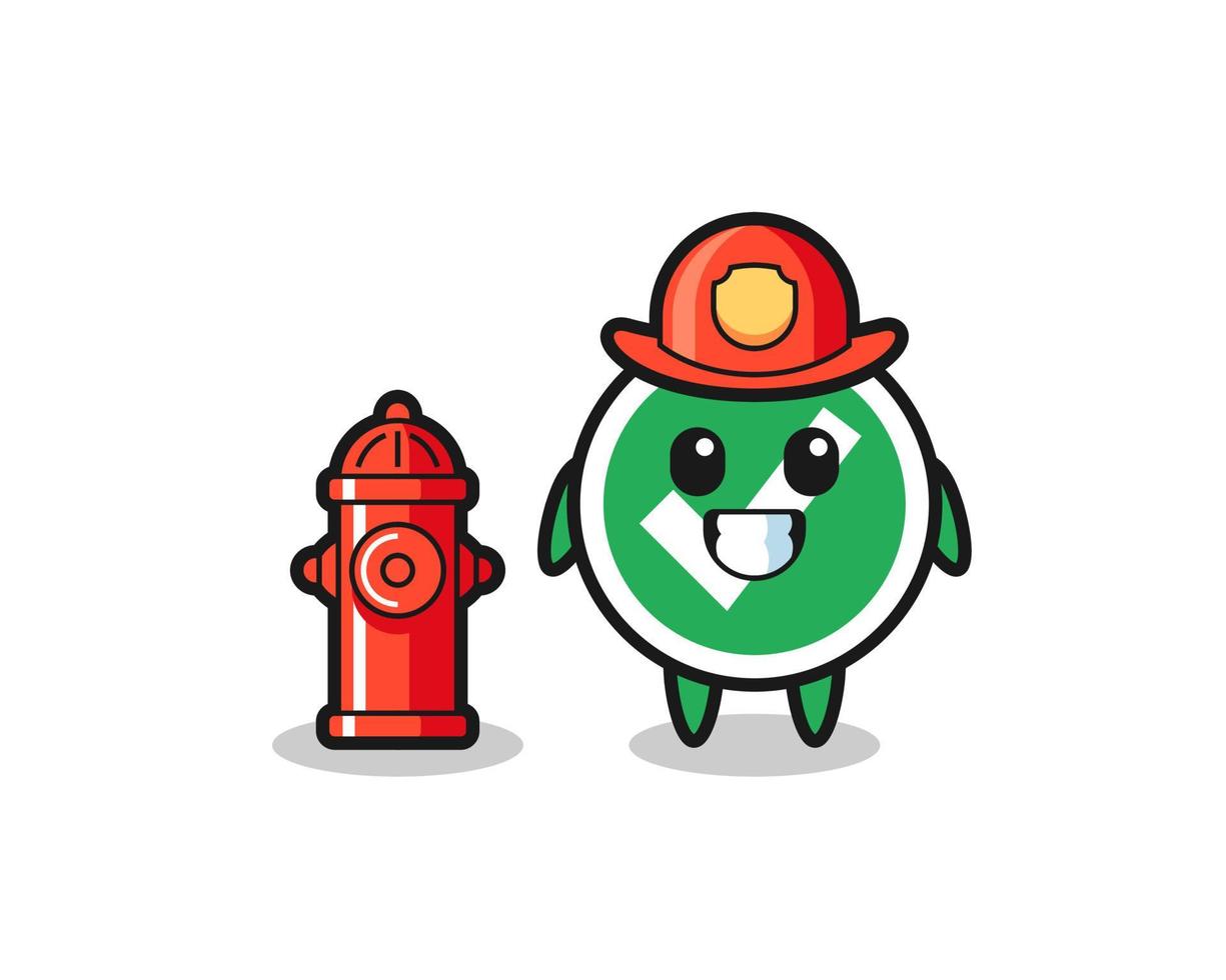 Personaje de mascota de marca de verificación como bombero. vector