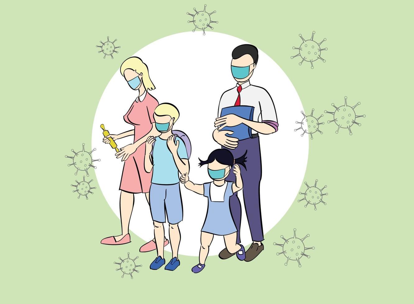 Family wearing protective Medical mask for prevent virus Wuhan Covid-19. Health Protection, Healthcare, Covid, Respiratory, Safety, Protection, Outbreak. Dad Mom Daughter Son wearing a surgical mask. vector