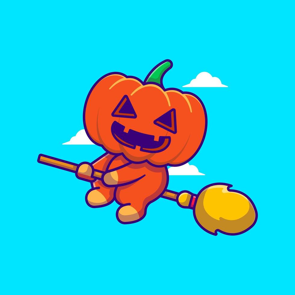 lindo monstruo de calabaza montando escoba mágica ilustración de dibujos animados. concepto de estilo de dibujos animados plana de halloween vector