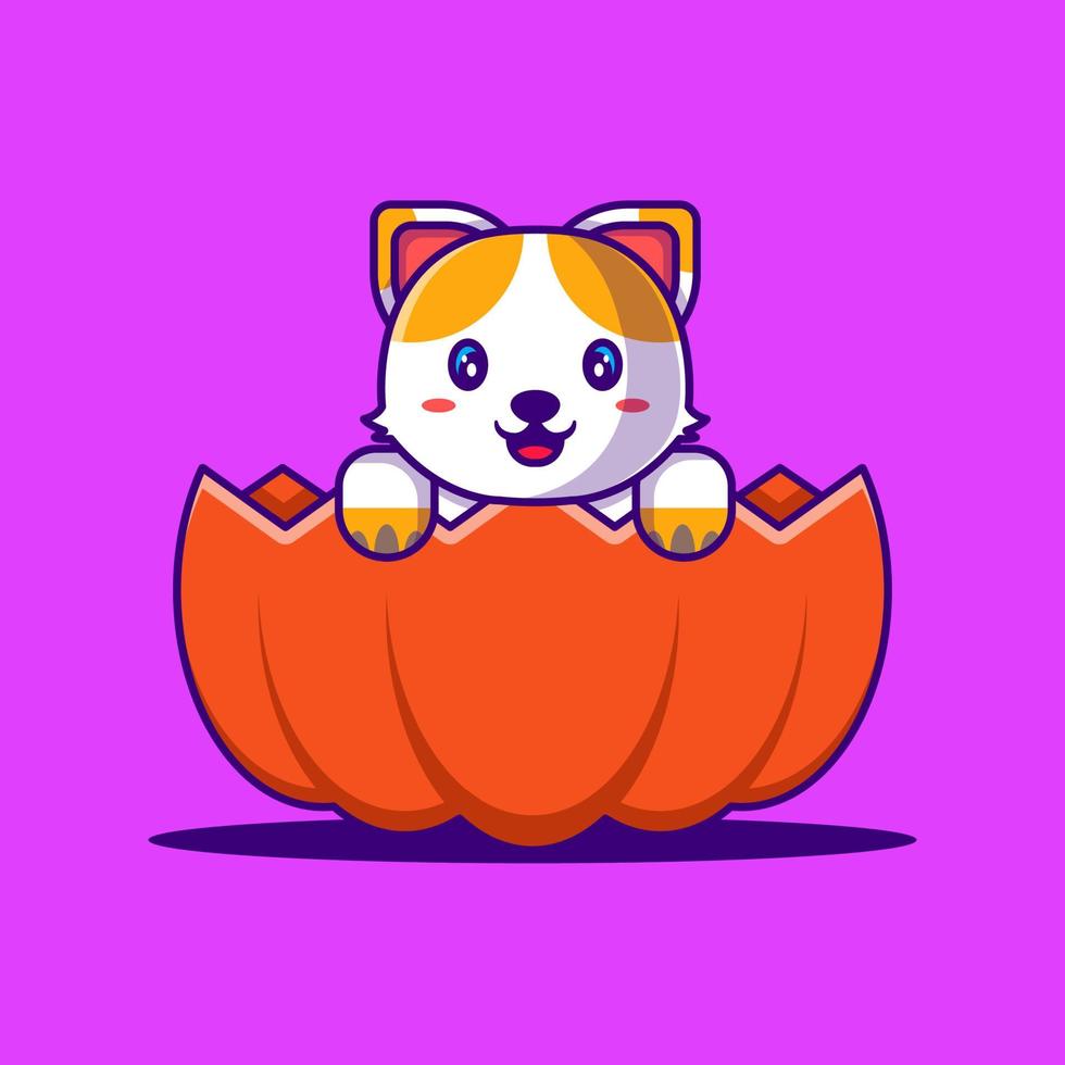 Cute Cat in halloween Pumpkin Cartoon Illustration. Halloween Flat cartoon Style Concept vector