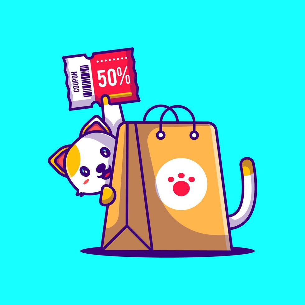 Ejemplo lindo de la historieta del cupón de descuento de las compras del gato. concepto de estilo de dibujos animados planos de venta de animales y flash vector