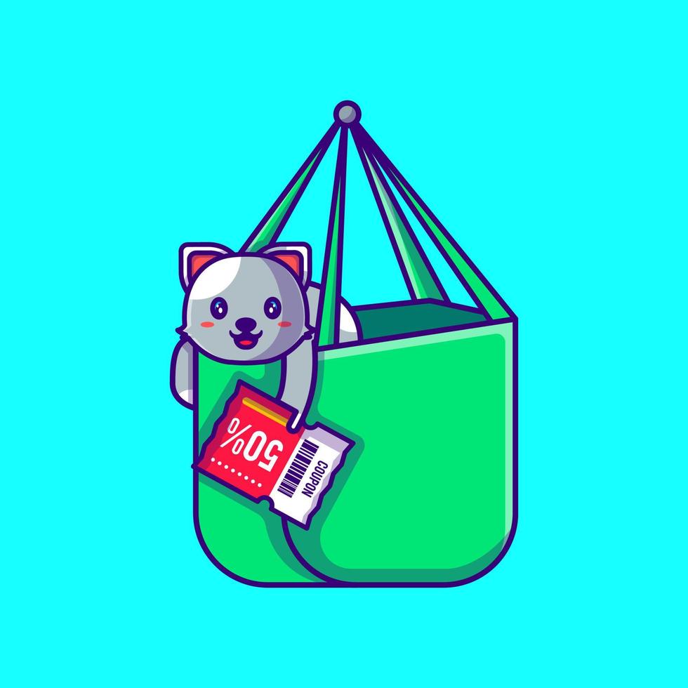 Lindo gato en bolsa de compras con ilustración de dibujos animados de cupón de descuento. concepto de estilo de dibujos animados planos de venta de animales y flash vector