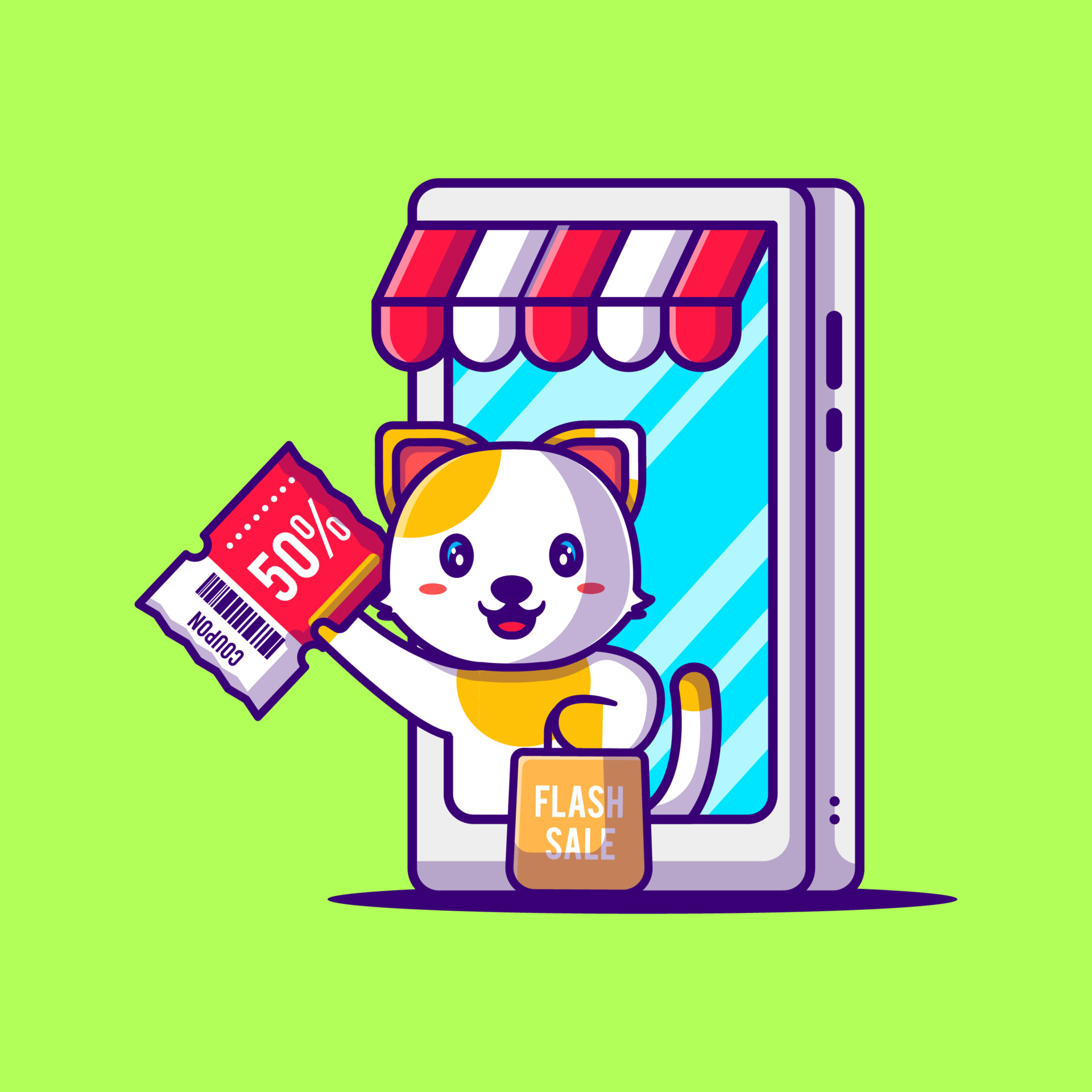 Cute Cat Holding Discount Coupon in Smartphone Cartoon Illustration