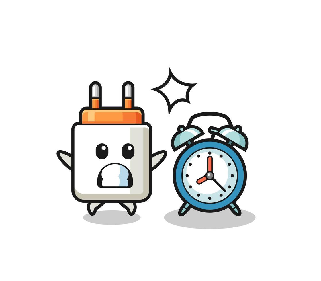 Cartoon of power adapter is surprised with a giant alarm clock vector