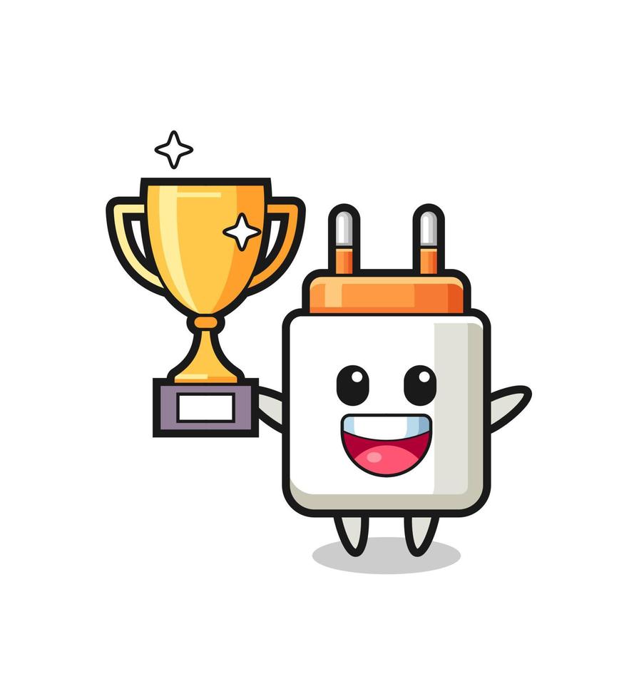 Cartoon of power adapter is happy holding up the golden trophy vector