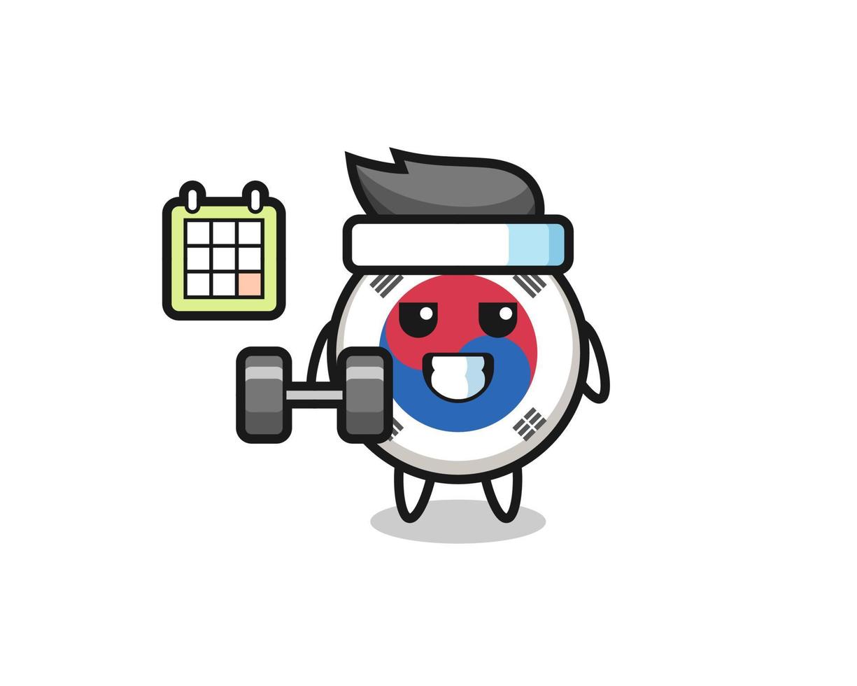 dibujos animados de la mascota de la bandera de corea del sur haciendo fitness con mancuernas vector