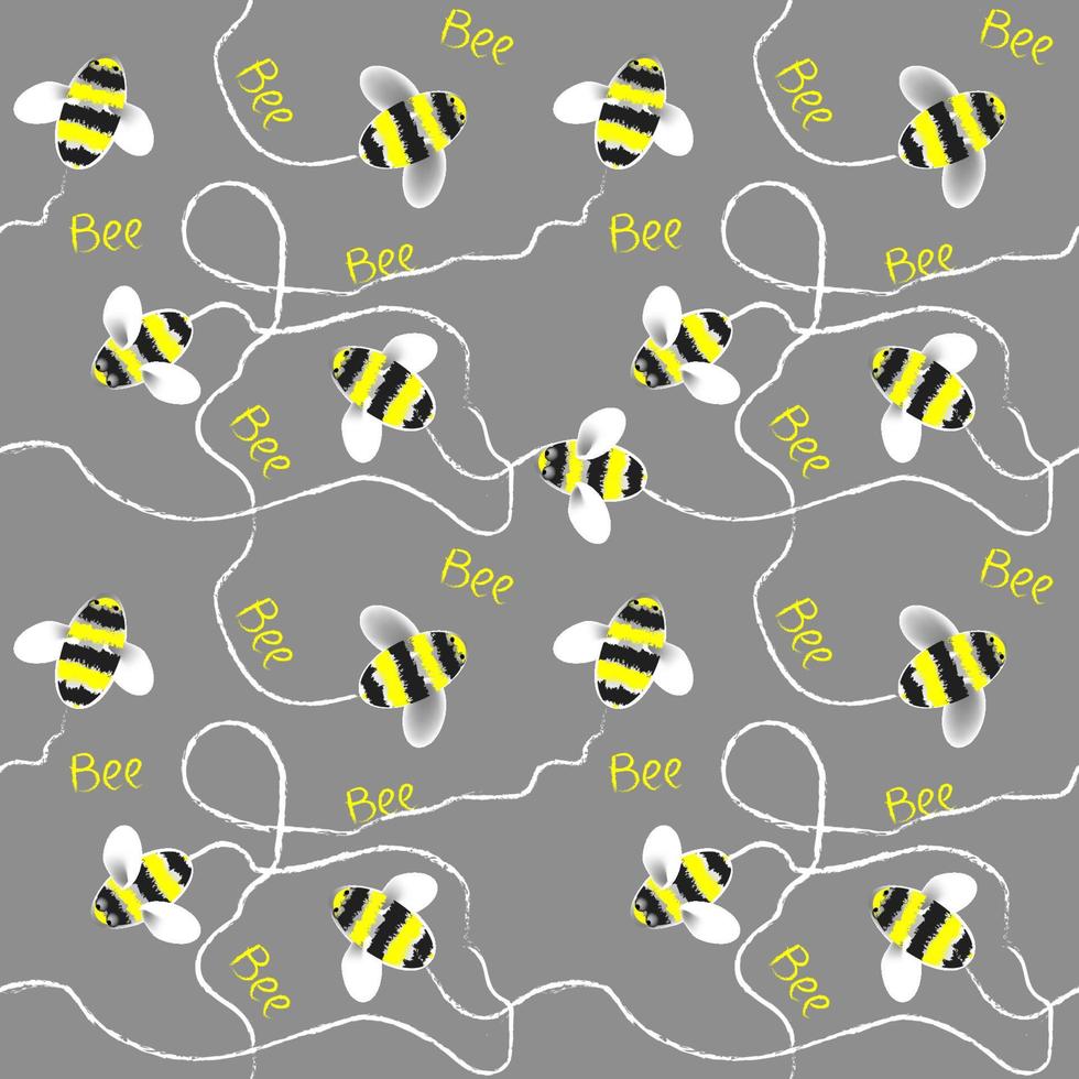 Bee seamless pattern on grey background vector