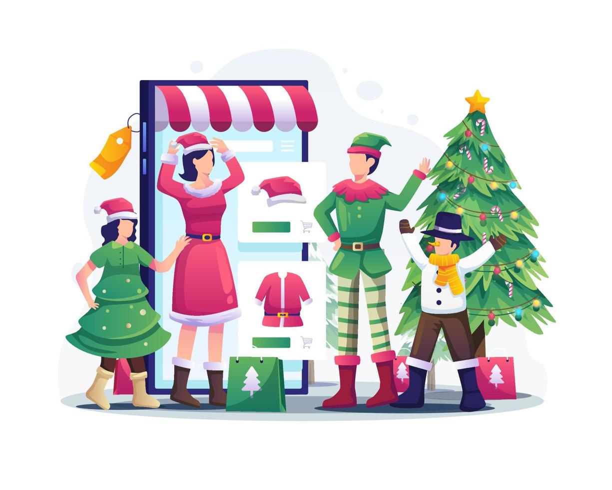 la familia está comprando en línea a través de un teléfono inteligente y se está probando trajes navideños para celebrar la Navidad y el año nuevo. ilustración vectorial plana vector
