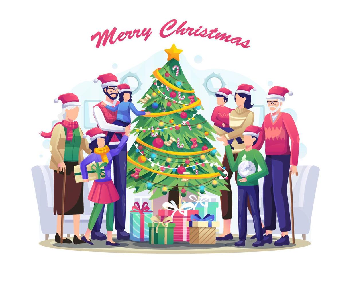 gran familia y árbol de navidad con regalos celebran feliz navidad y próspero año nuevo. ilustración vectorial plana vector