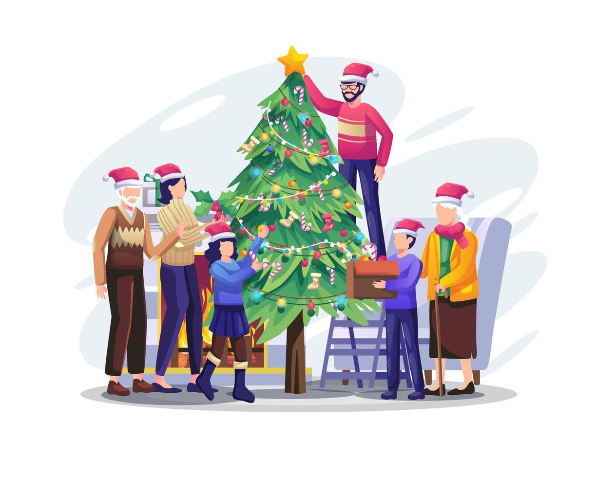 Happy family decorating the Christmas tree together prepare for Christmas and new year holiday. Flat vector illustration