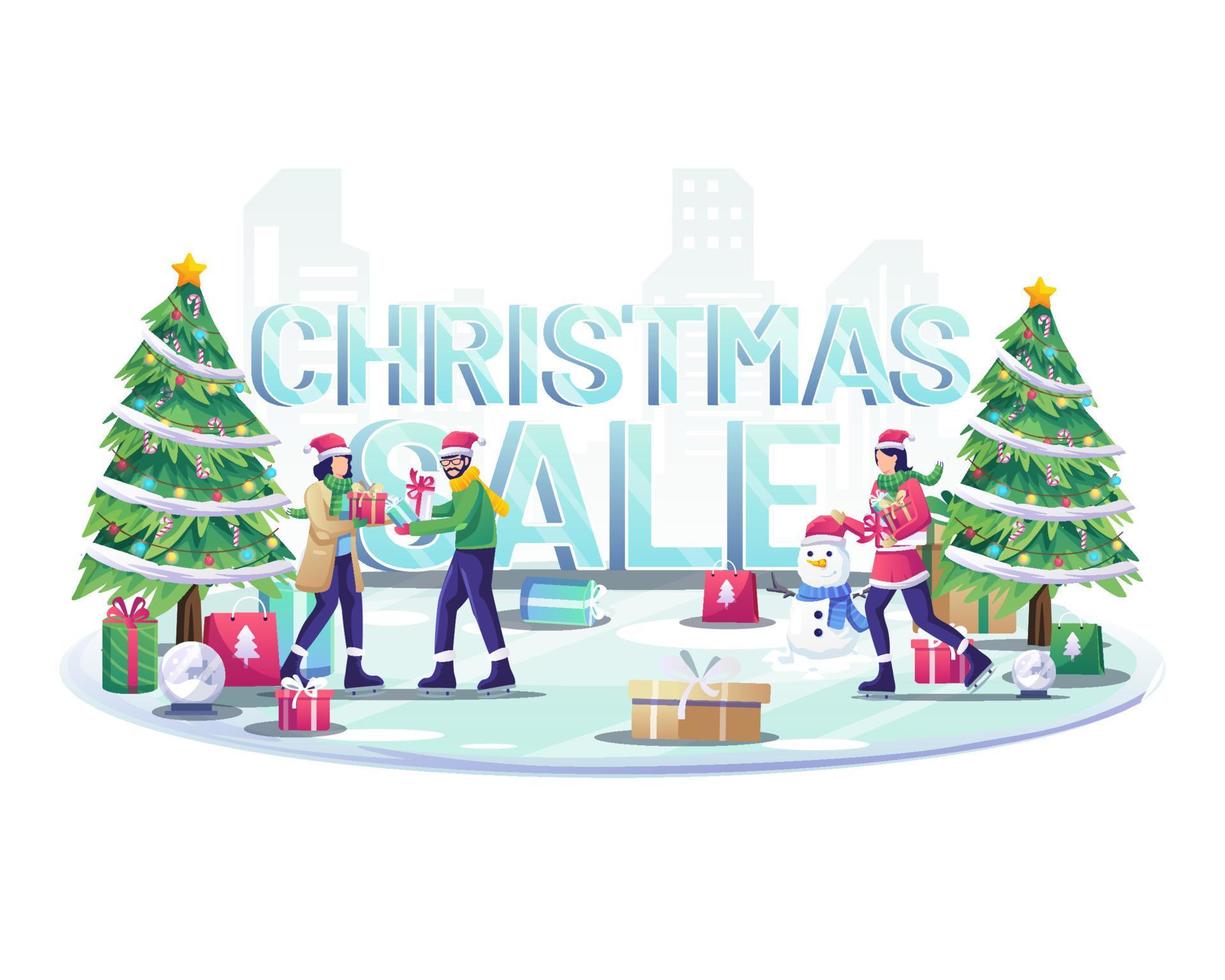 people ice skiing and giving gifts to each other near big words Christmas sale sign. Flat vector illustration