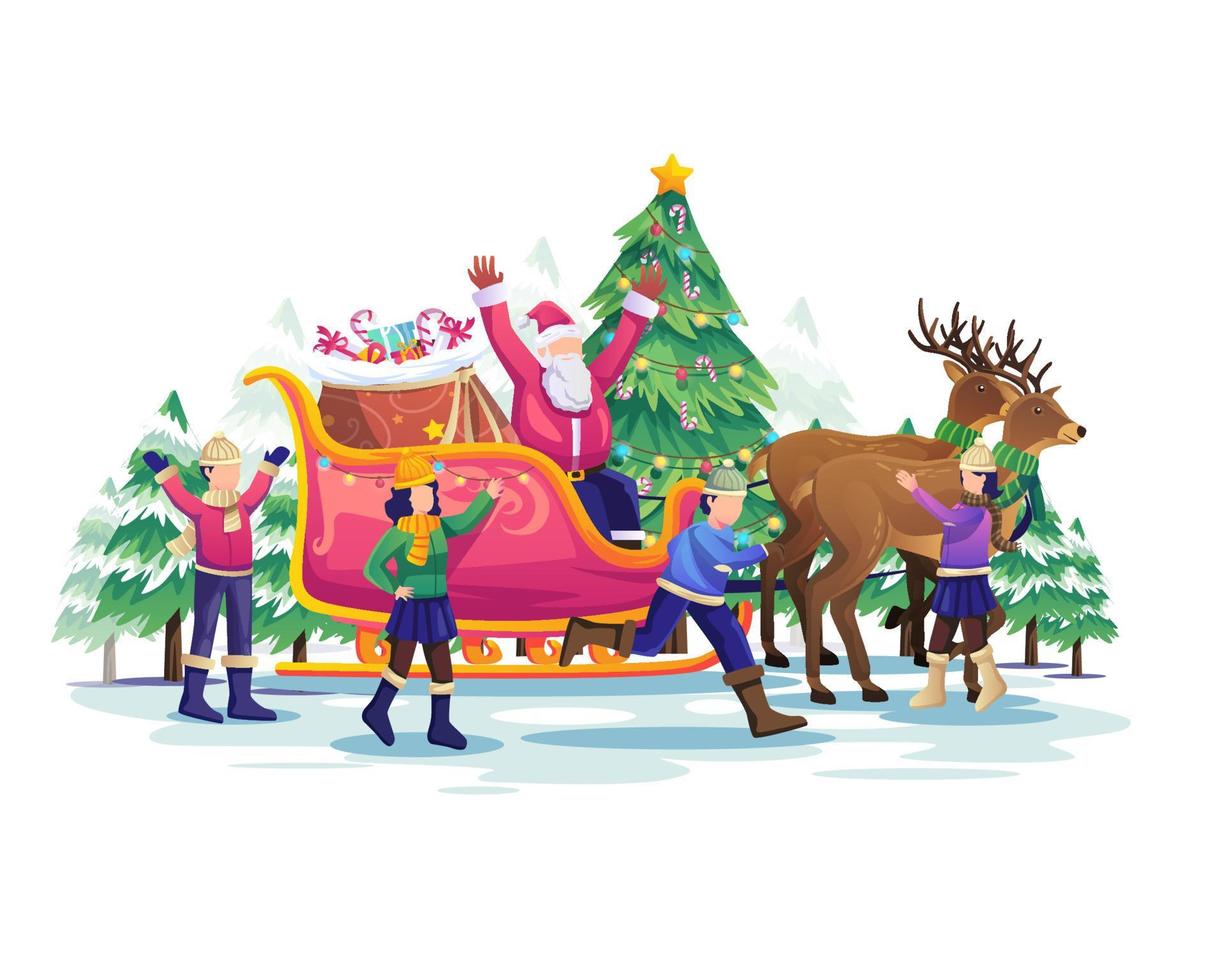 Children playing with Santa Claus and his reindeer carriage at Christmas holiday. Flat vector illustration