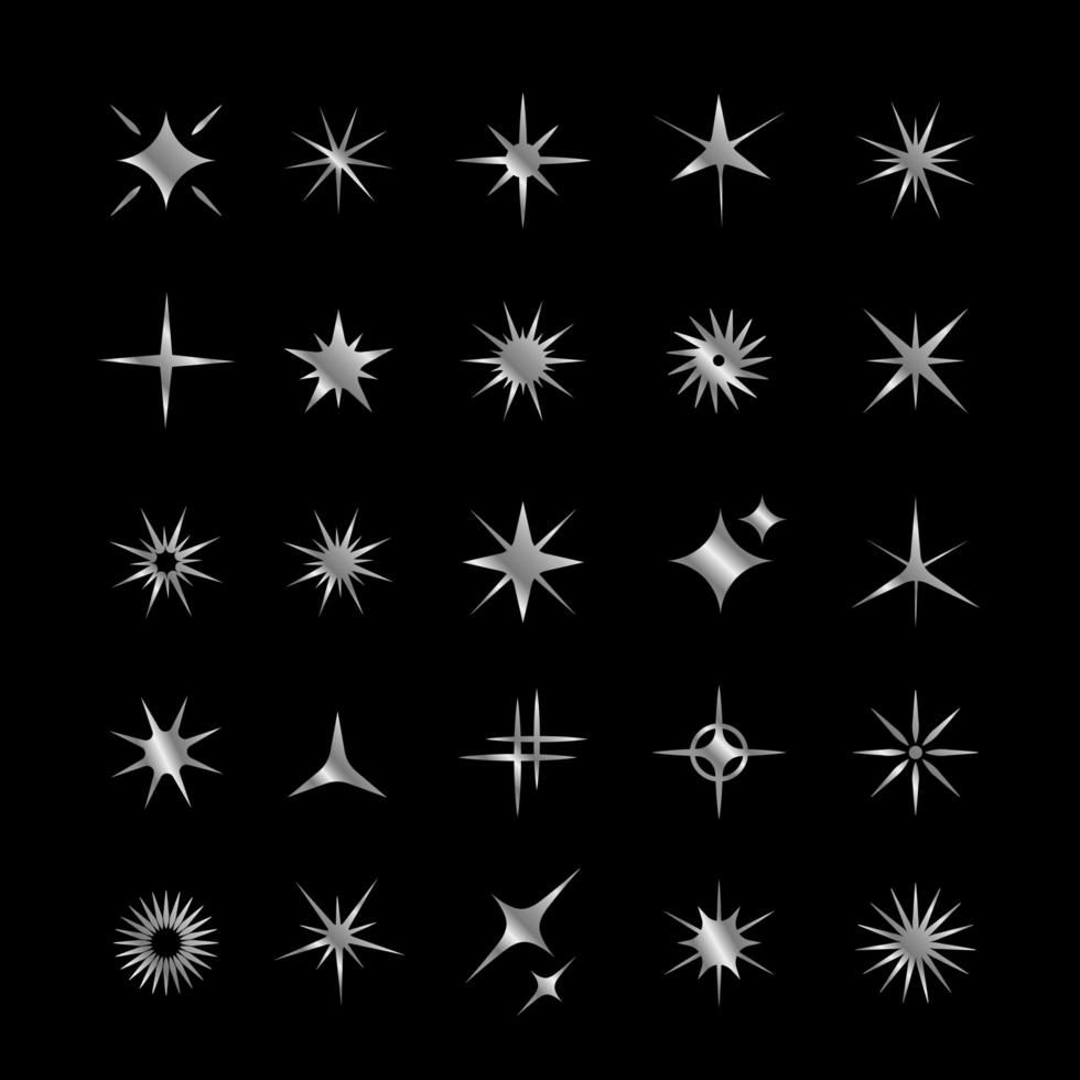 conjunto de estrella de plata, iconos de brillo. colección de fuegos artificiales brillantes, centelleos, destellos brillantes. estrellas brillantes y ráfagas. vector