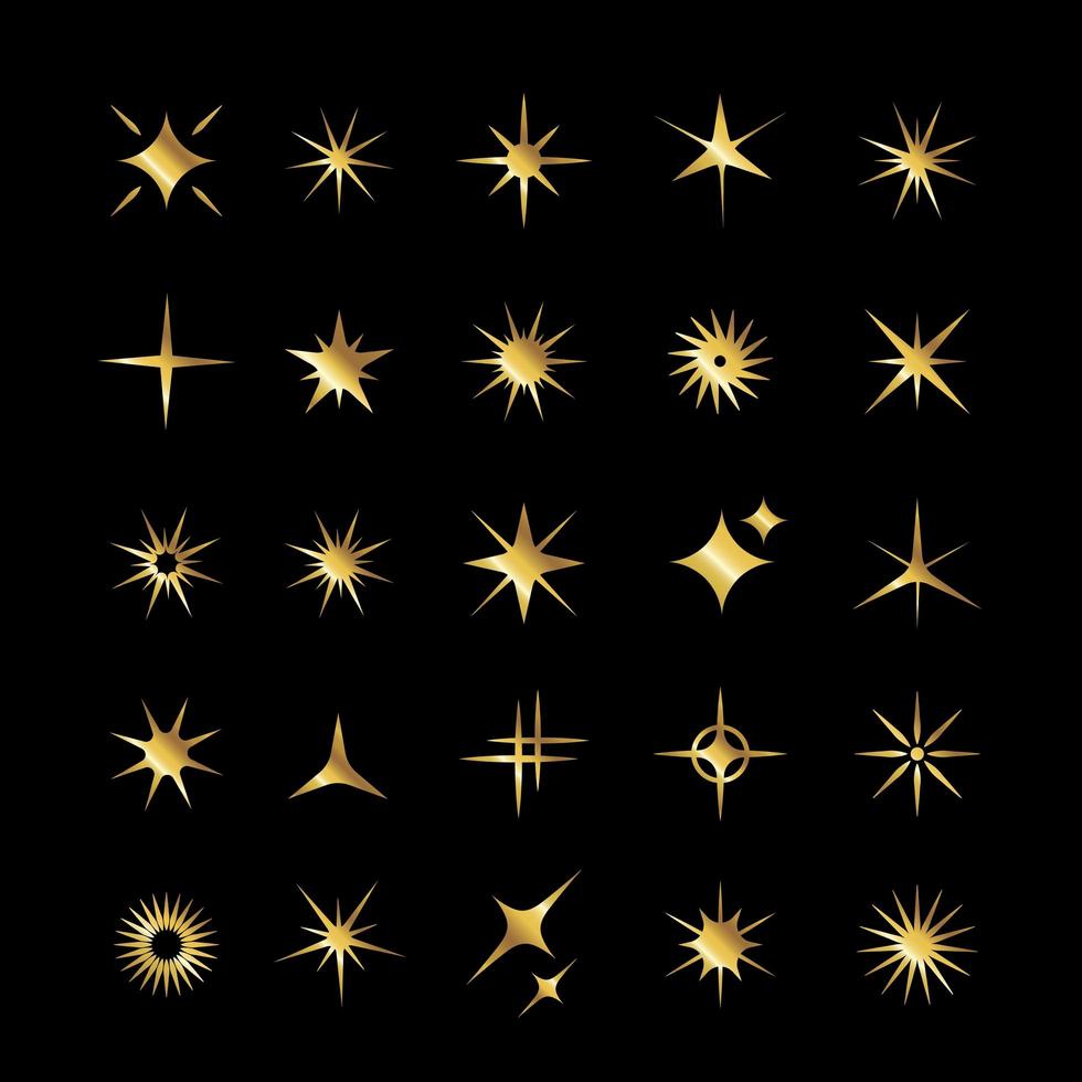 conjunto de estrella dorada, iconos de brillo. colección de fuegos artificiales brillantes, centelleos, destellos brillantes. estrellas de efecto de luz brillante y ráfagas. vector