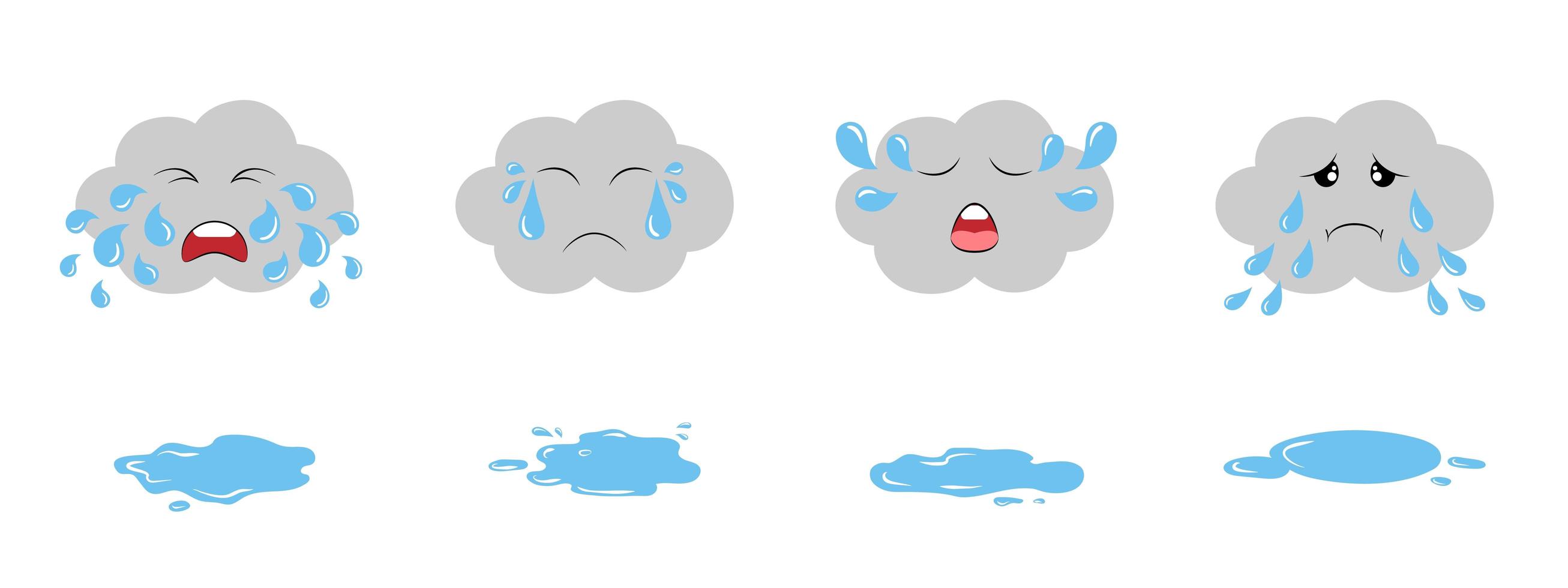 Set of dark crying clouds emoji and puddles. Fluffy rainy clouds. Cute cartoon weeping kawaii clouds collection. vector