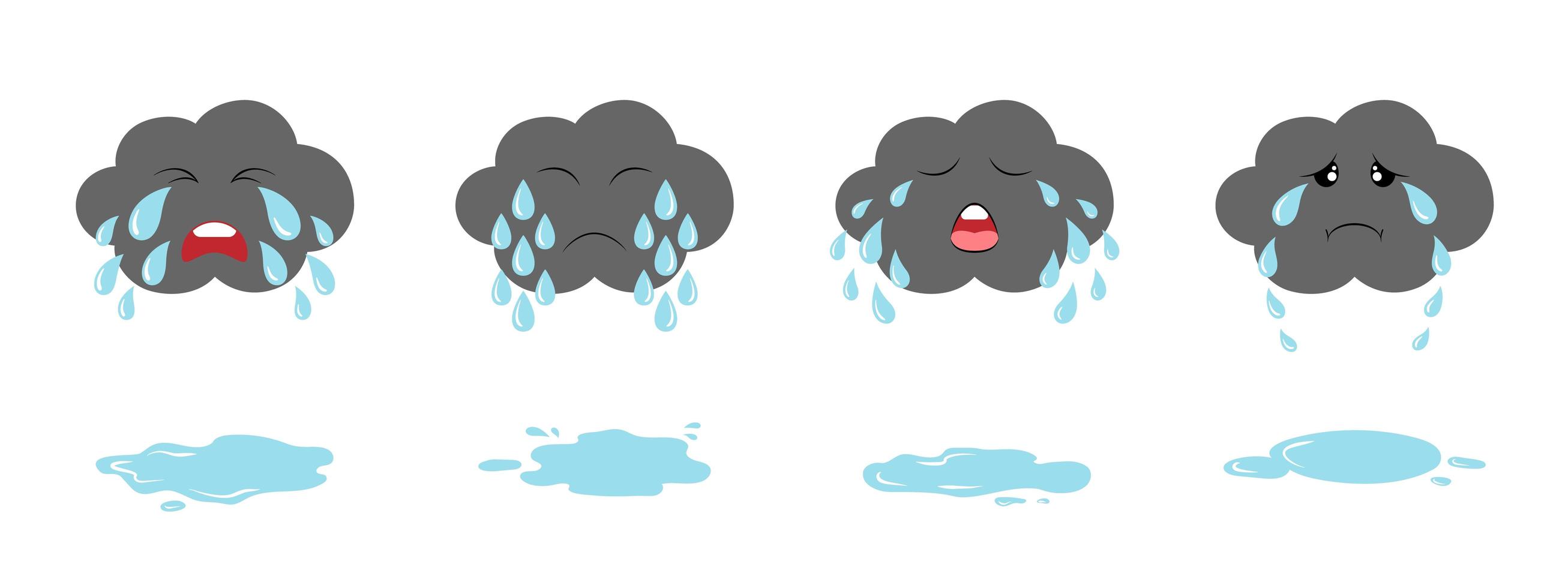 Set of dark crying clouds emoji and puddles. Fluffy rainy clouds. Cute cartoon weeping kawaii clouds collection. vector