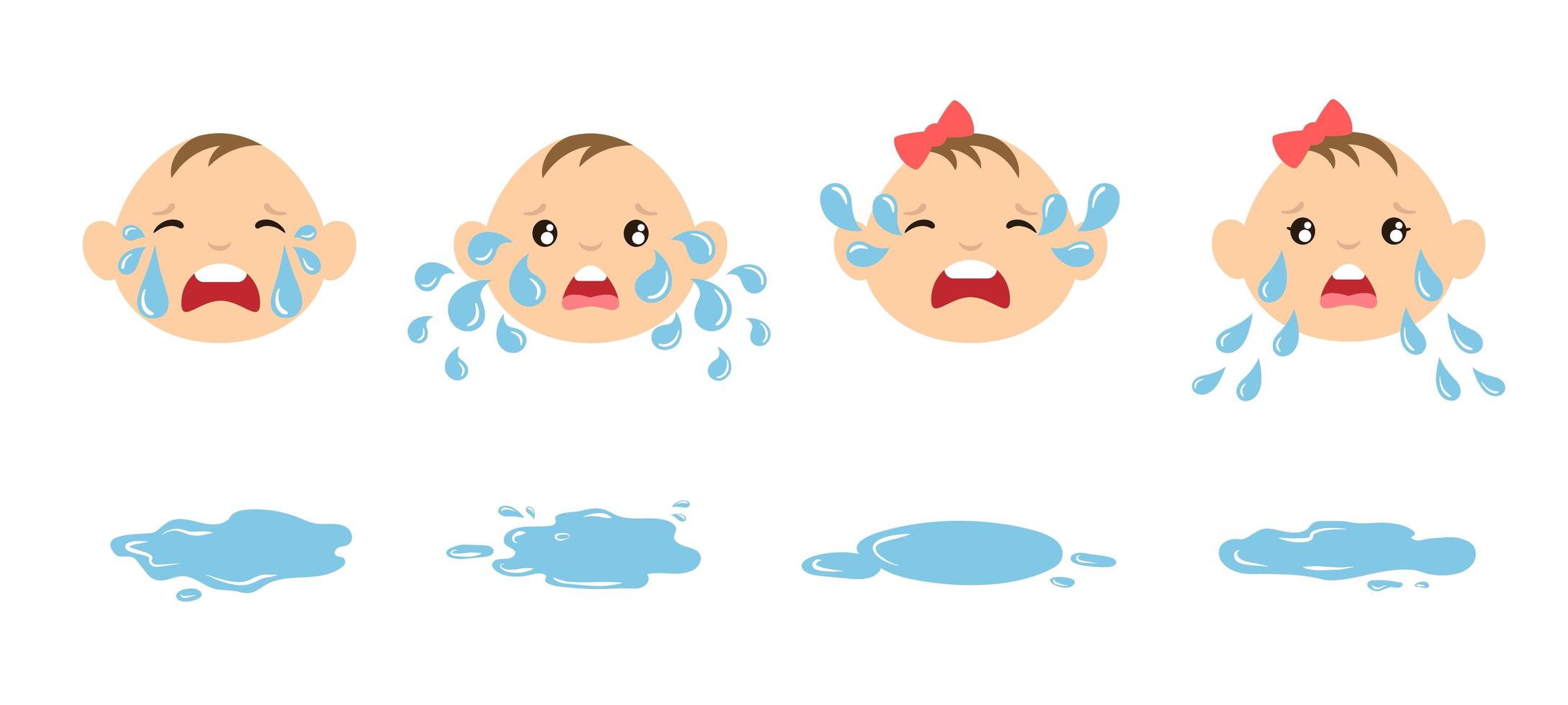 Set of cartoon crying baby faces with tear drops and puddles. Weeping kids illustration. Upset emoticons vector