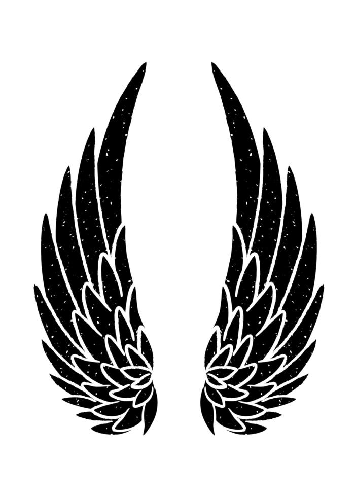 Hand drawn bird or angel grunge textured flapping wings. Hand drawn wings silhouette for t-shirt prints, tatoo design, vintage styled poster. vector