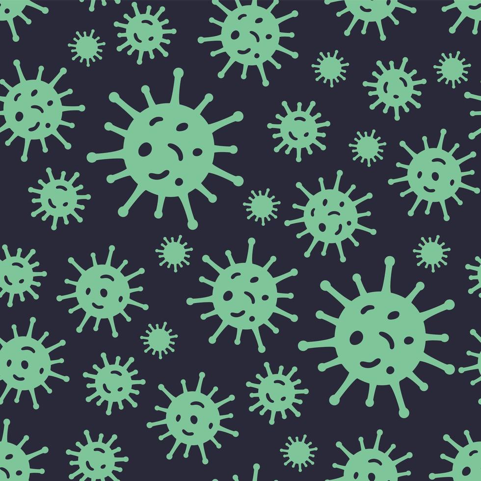 patrón sin fisuras con coronavirus. células de microorganismos que repiten el fondo para el diseño textil, envoltura de papel, papel tapiz. contorno de color sobre fondo oscuro. vector