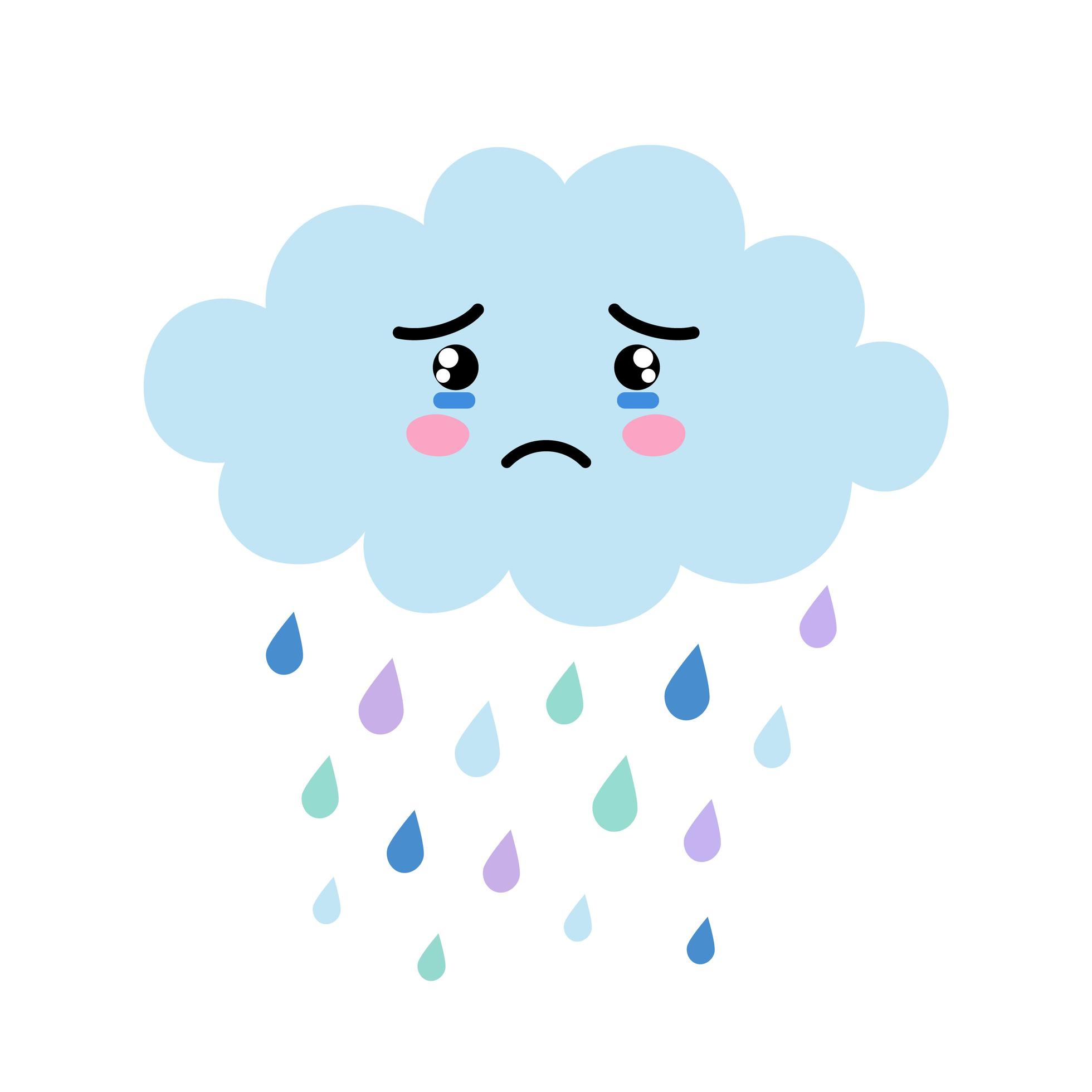 Cute cartoon kawaii blue cloud with rain drops with sad face emotion ...