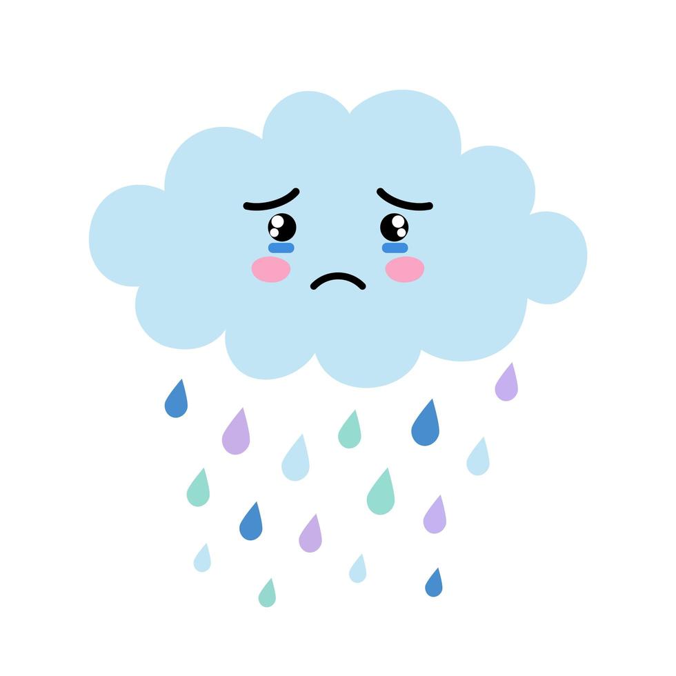 Cute cartoon kawaii blue cloud with rain drops with sad face emotion. Weeping cloud vector illustration