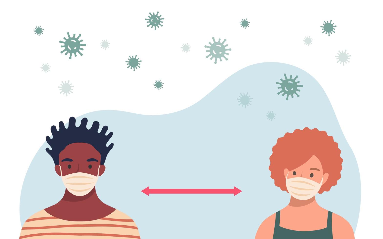 Social distancing concept. People wearing protective masks and keeping distance in public society to prevent COVID-19 coronavirus spreading. vector