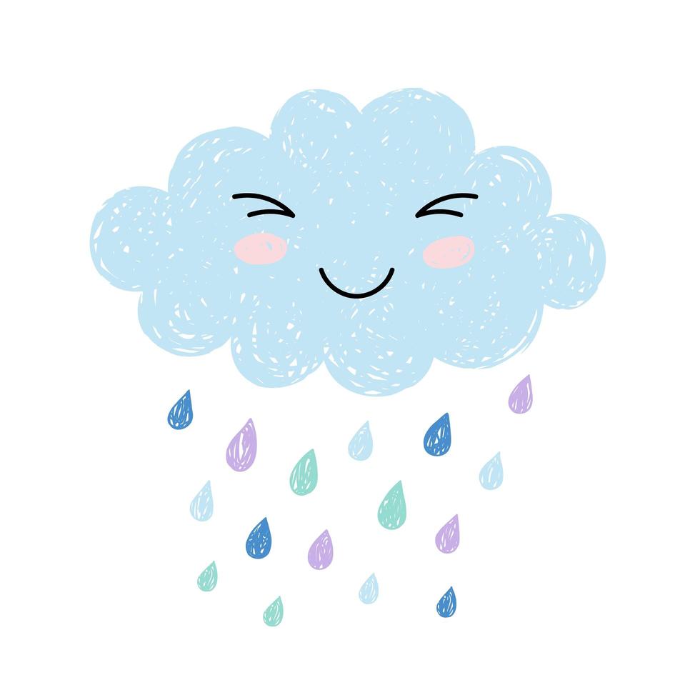 Linda nube de kawaii de dibujos animados feliz sobre fondo azul con gotas de lluvia. Ilustración de vector de nube soñando