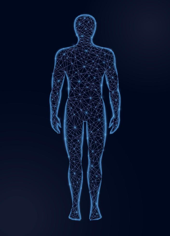 Ilustración de vector de baja poli del cuerpo humano sobre fondo oscuro. concepto de medicina, ciencia y tecnología.