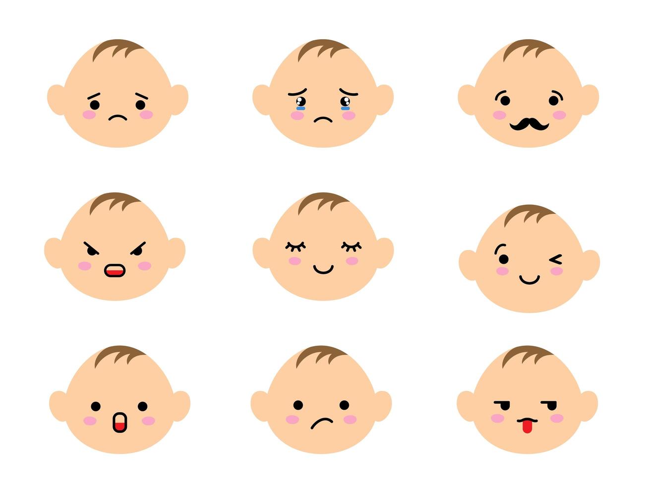 conjunto de emoji de caras de bebé con diferentes estados de ánimo. Emoticones de niños lindos kawaii y expresiones de caras de emoji de anime japonés. vector