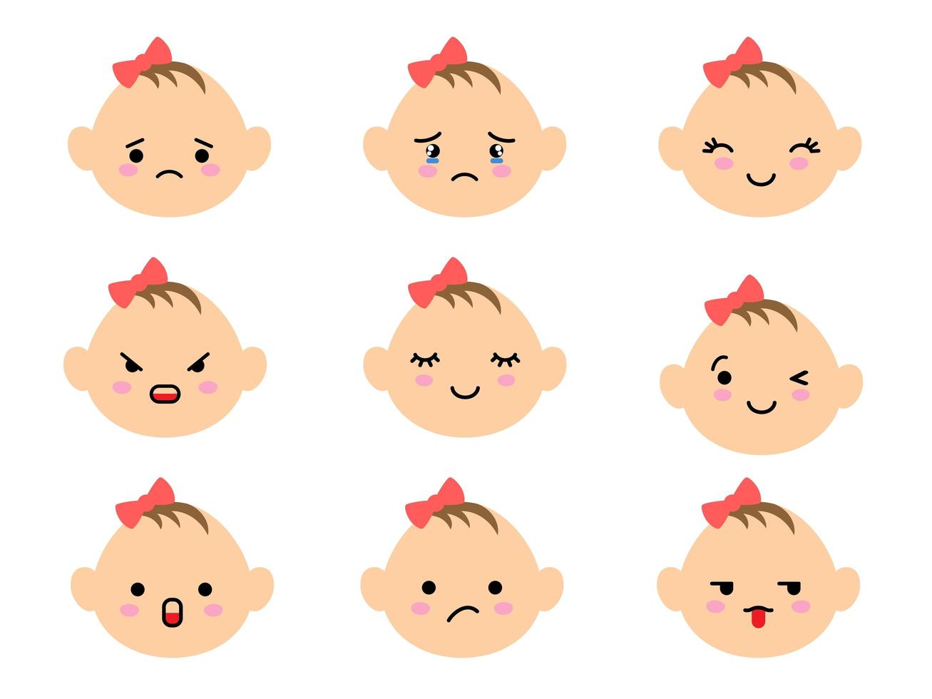 Set of baby faces emoji with different mood. Kawaii cute kids emoticons and Japanese anime emoji faces expressions. vector