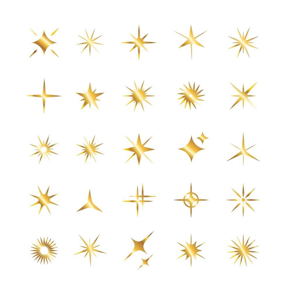 conjunto de estrella dorada, iconos de brillo. colección de fuegos artificiales brillantes, centelleos, destellos brillantes. estrellas de efecto de luz brillante y ráfagas. vector