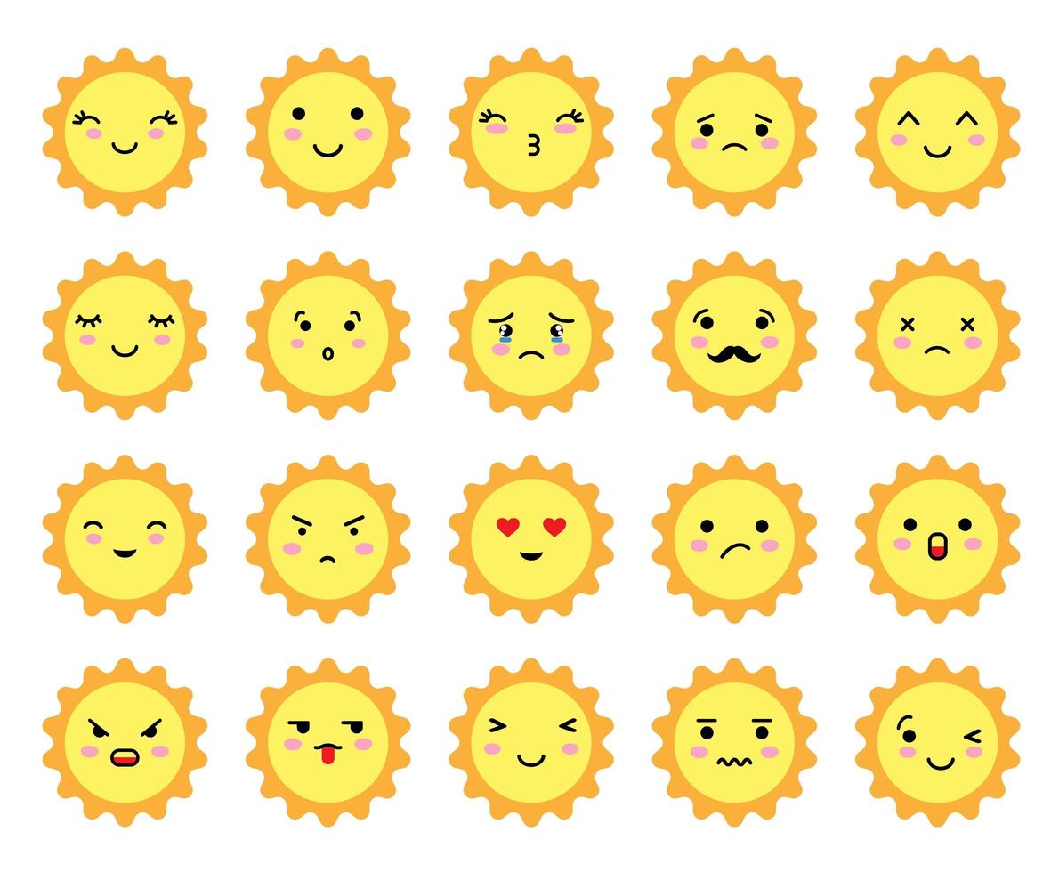 Set of sun shaped emoji with different mood. Kawaii cute sun emoticons and Japanese  anime emoji faces expressions. 3496329 Vector Art at Vecteezy
