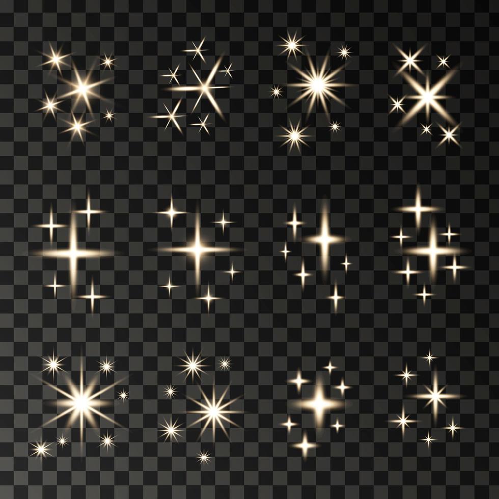conjunto de efecto de luz brillante vector realista con estrellas y destellos ráfagas sobre fondo transparente.
