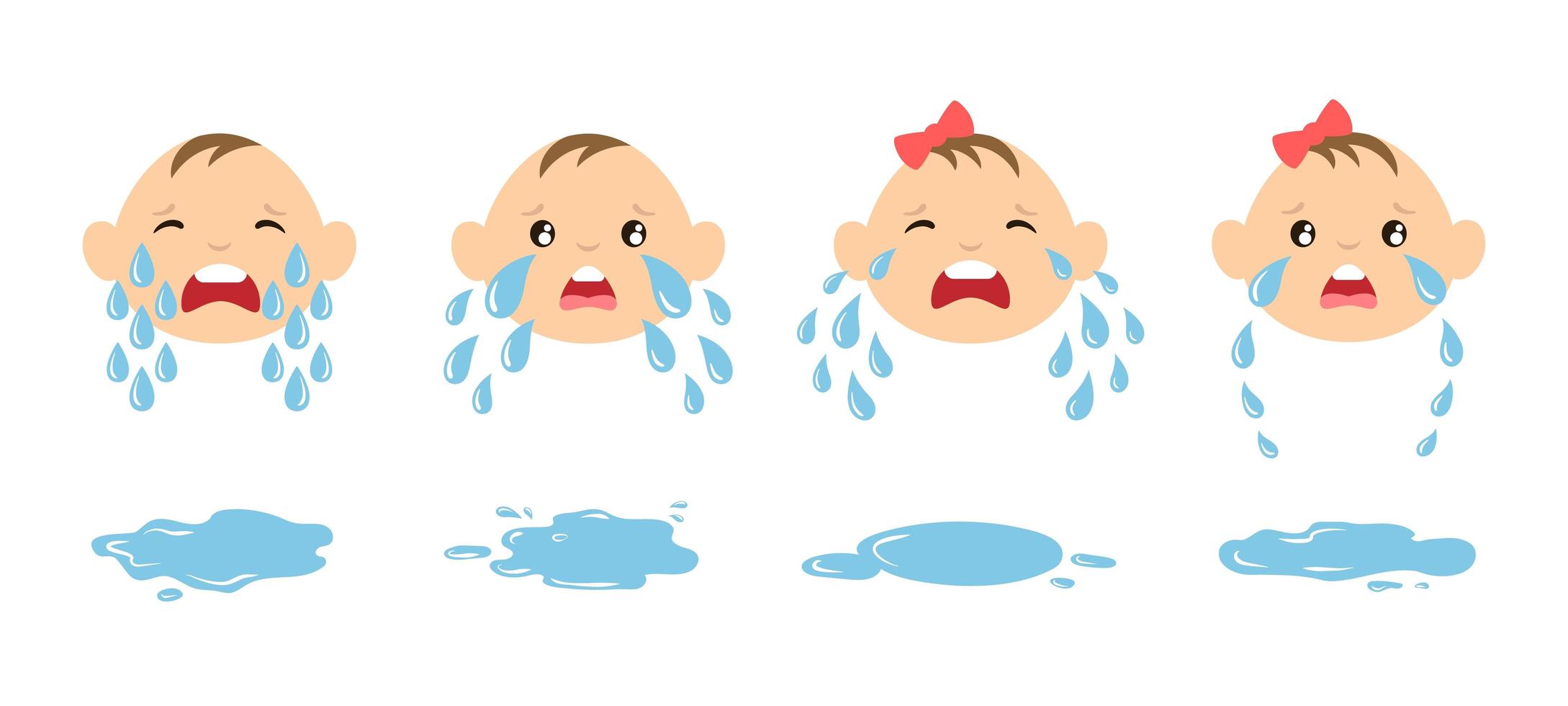 Set of cartoon crying baby faces with tear drops and puddles. Weeping kids illustration. Upset emoticons vector