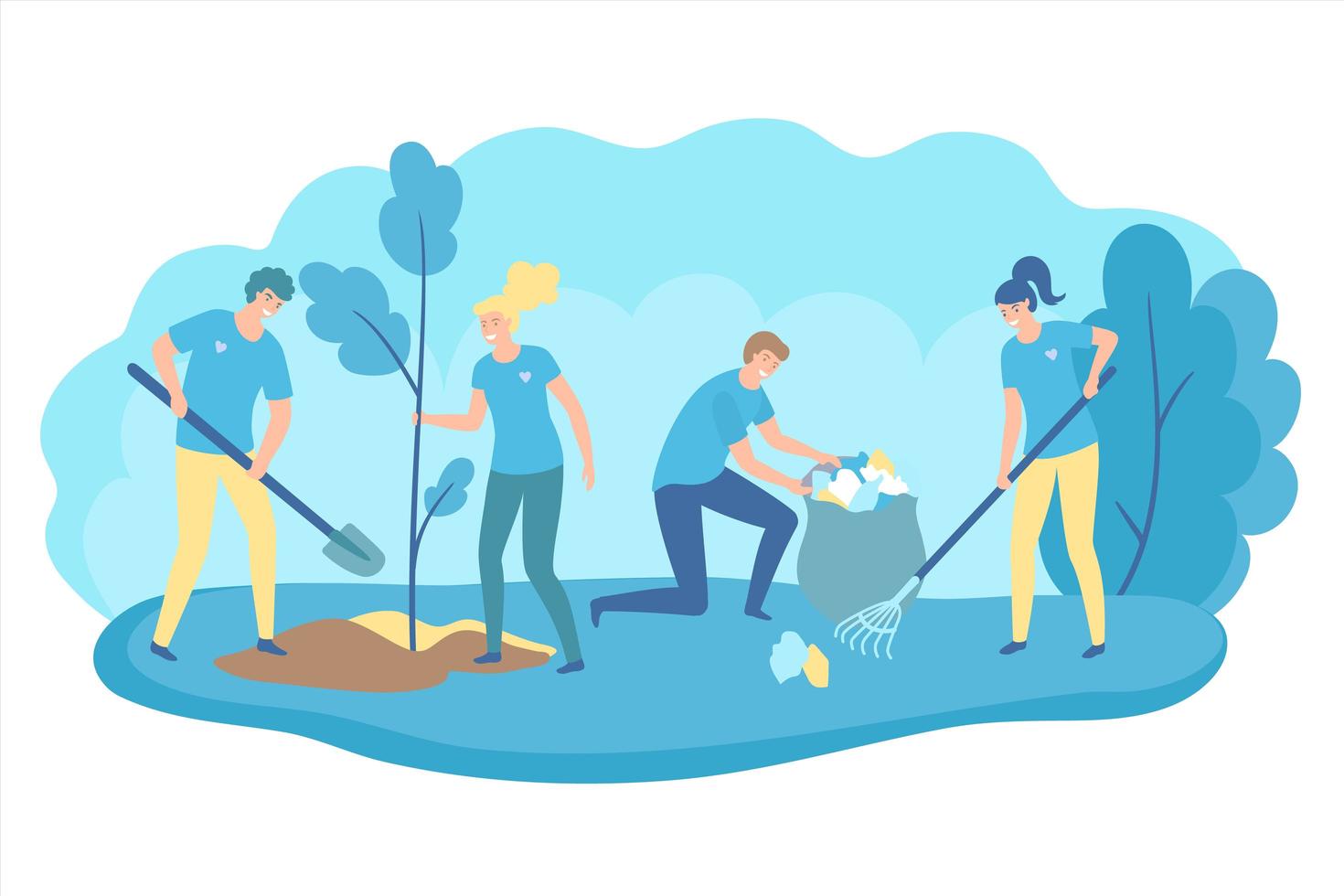 Volunteers cooperating together and cleaning up a city park, they are collecting and separating waste, environmental protection concept. Vector flat illustration.