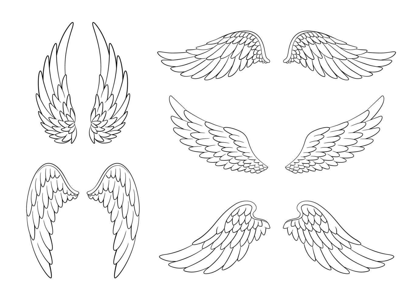 Set of hand drawn bird or angel wings of different shape in open position. Contoured doodle wings set vector