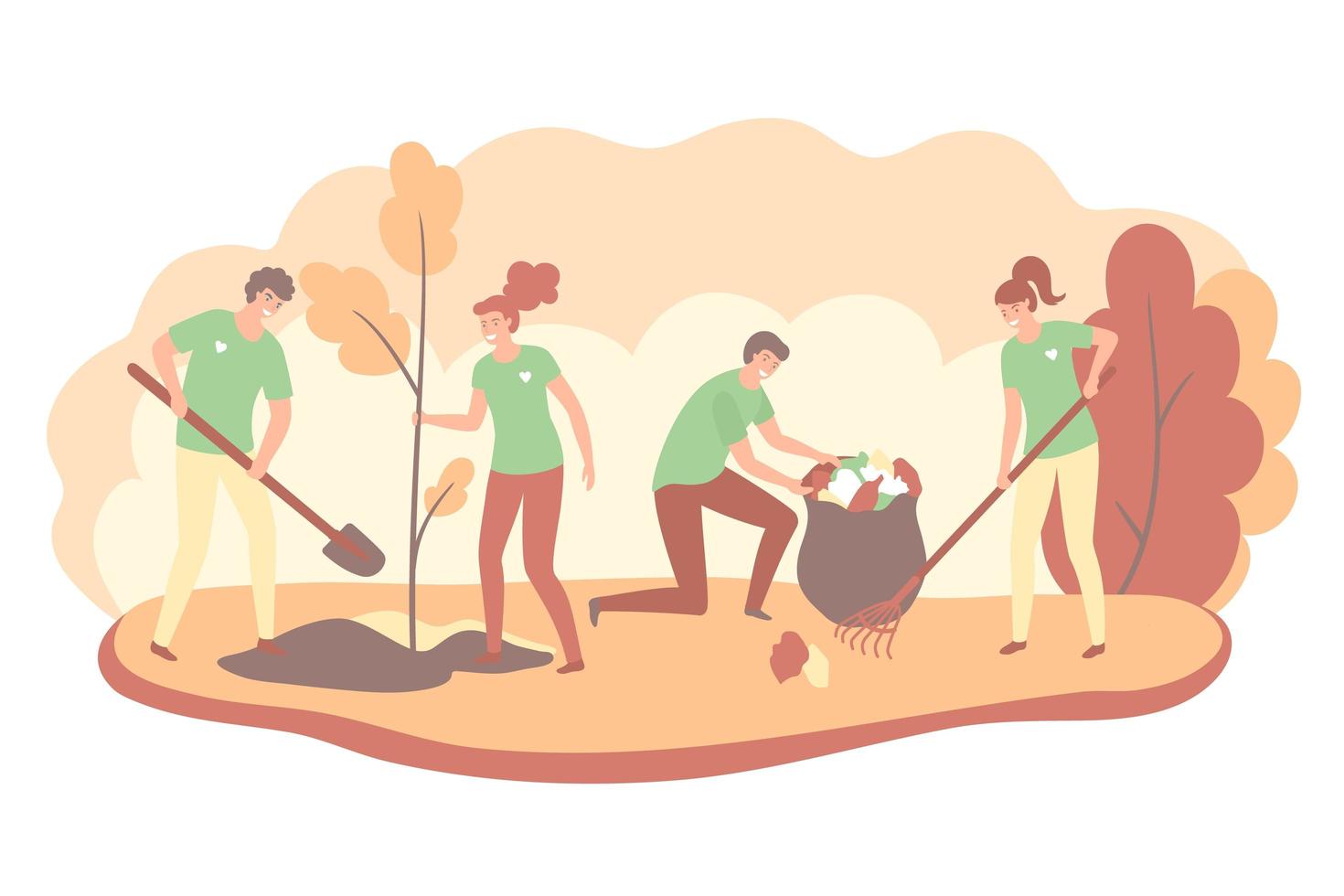 Volunteers cooperating together and cleaning up autimn city park, they are collecting and separating waste, environmental protection concept. Vector illustration.