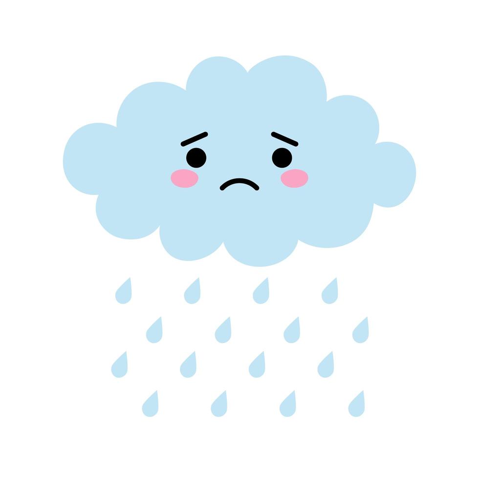 Cute dibujos animados kawaii nube azul con gotas de lluvia con cara triste emoción. ilustración de vector de nube llorando
