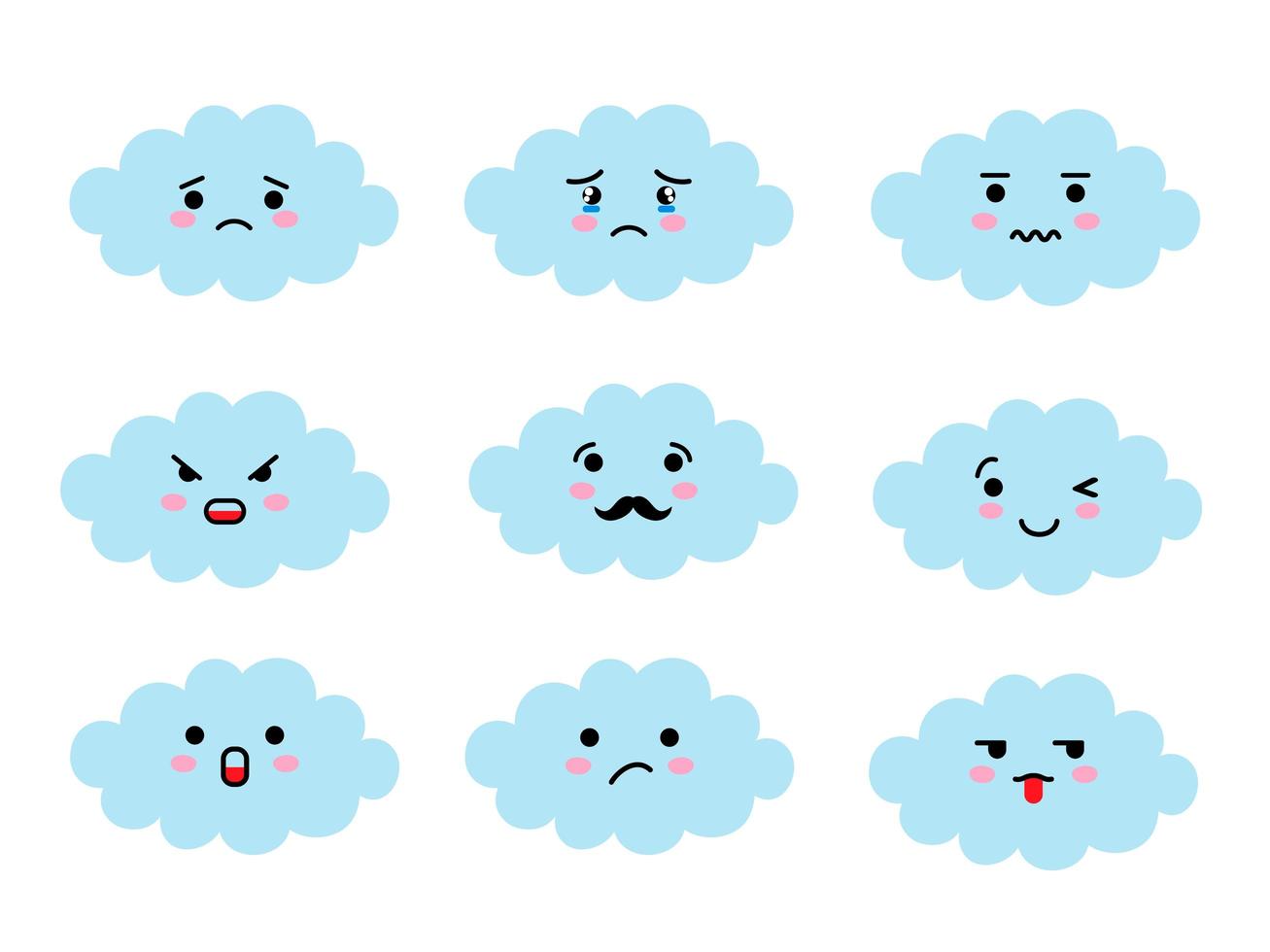 Set of cloud shaped emoji with different mood. Kawaii cute clouds emoticons and Japanese anime emoji faces expressions. vector