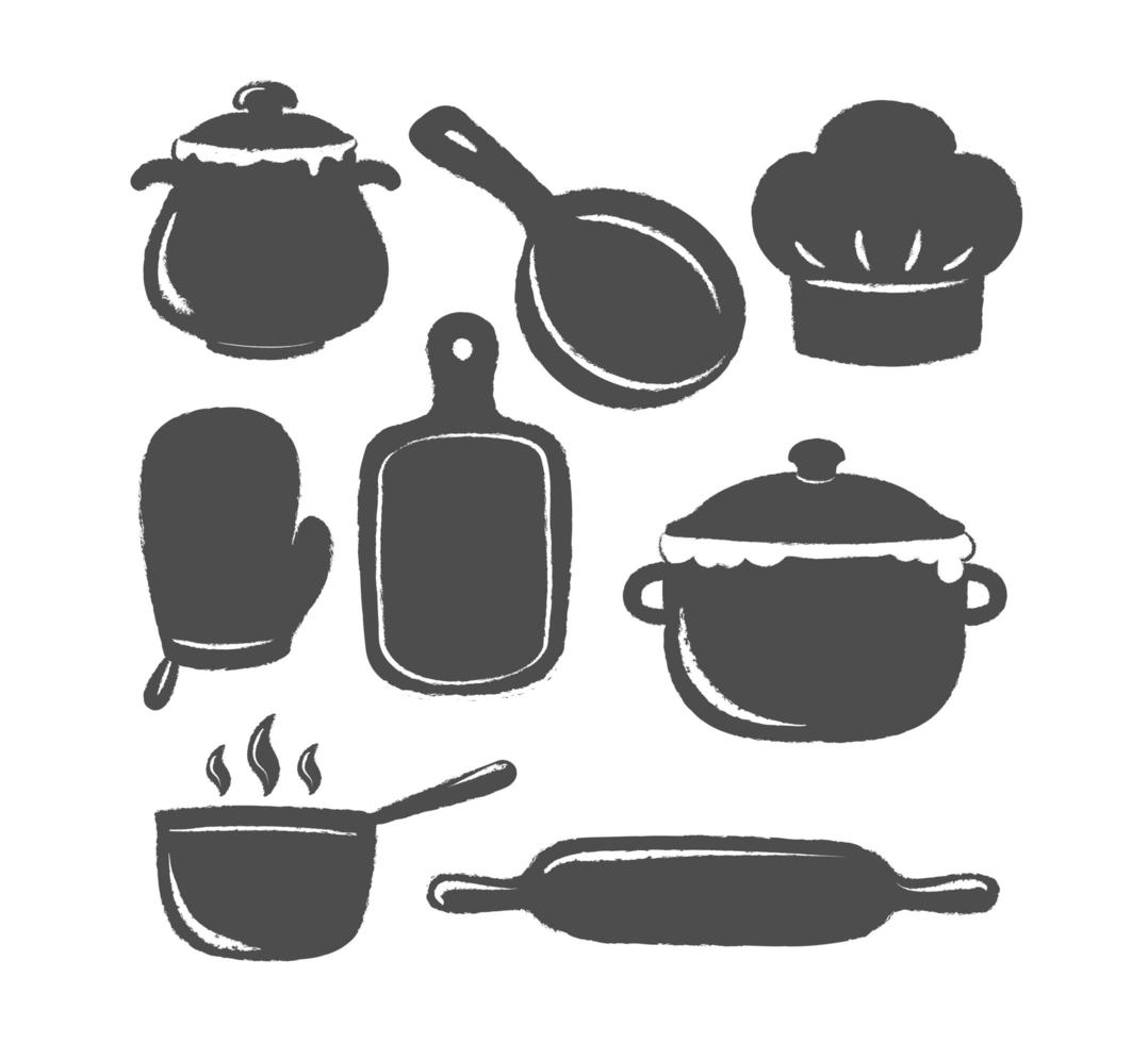 Collection of cooking label or logo. Silhouettes of kitchen utensils and cooking supplies. vector