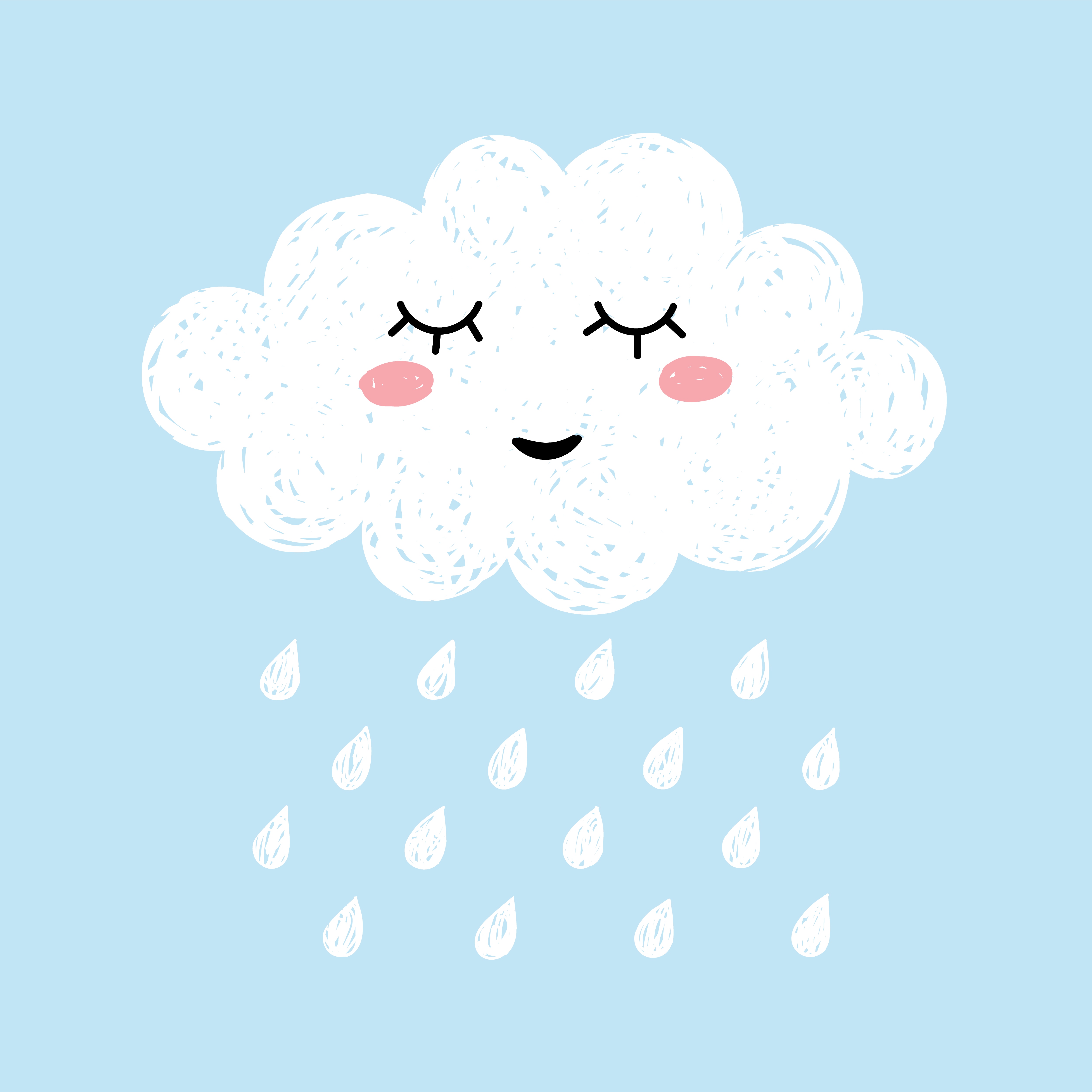 Cute happy cartoon kawaii cloud on blue background with rain drops.  Dreaming cloud vector illustration 3496369 Vector Art at Vecteezy