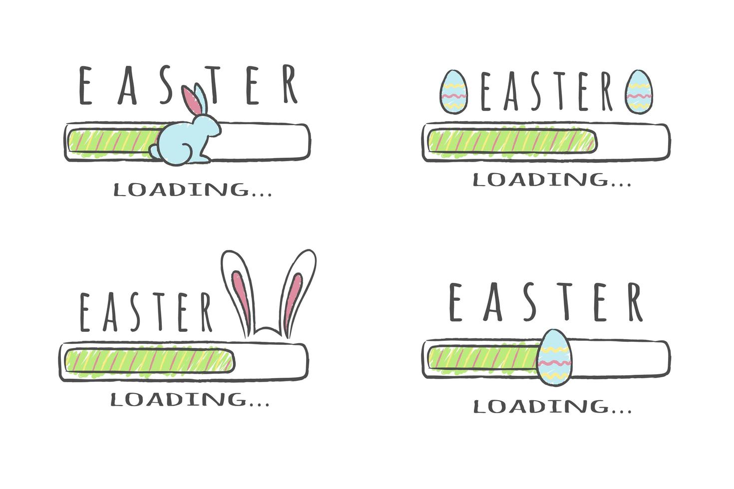 Set of progress bars with inscription - Easter Loading collection in sketchy style. Vector illustration for t-shirt design, poster, card.