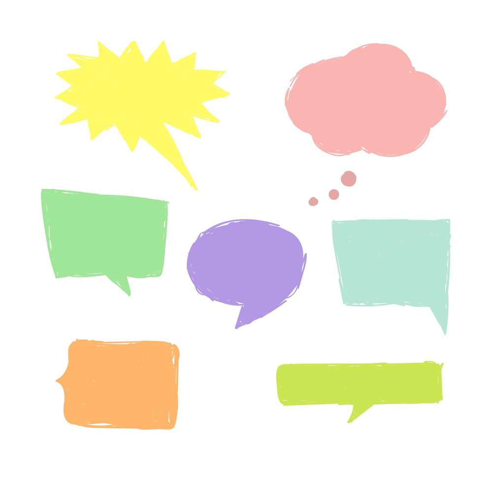 Set of cute hand drawn speech bubbles in doodle style. Talk clouds sketching. Balloon shapes with scribble texture collection for your blog, social network posts, advertisement vector