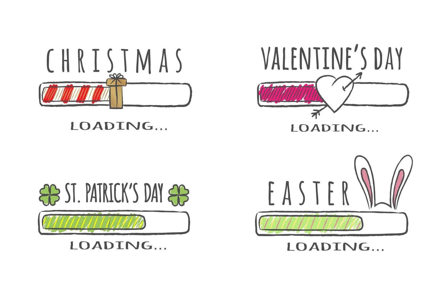 Set of holidays progress bar with inscriptions - Christmas, Easter, Valentines day, St. Patricks day loading. Vector illustration for t-shirt design, poster or greeting card.