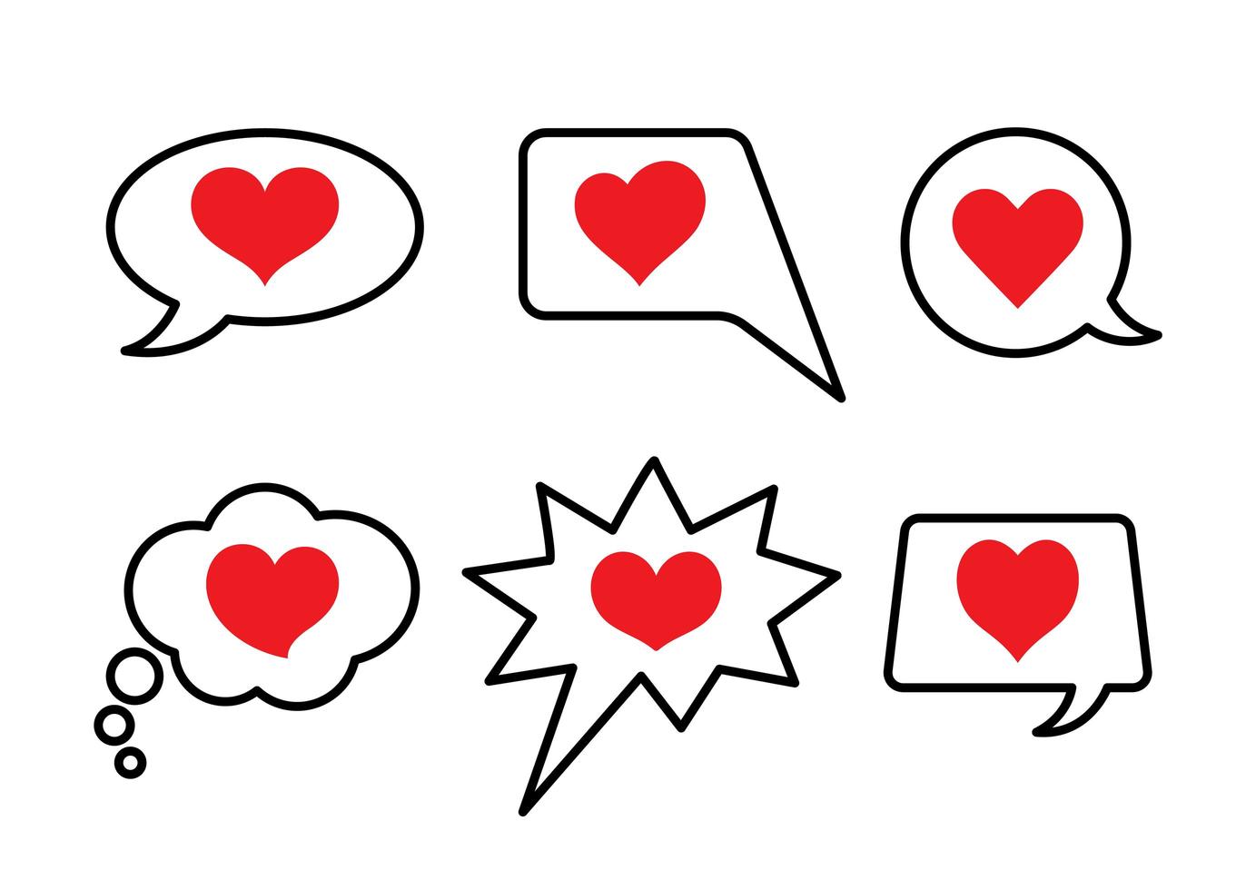 Set of heart symbols in speech bubbles. Communication, social media, like design elements. Love symbols. vector