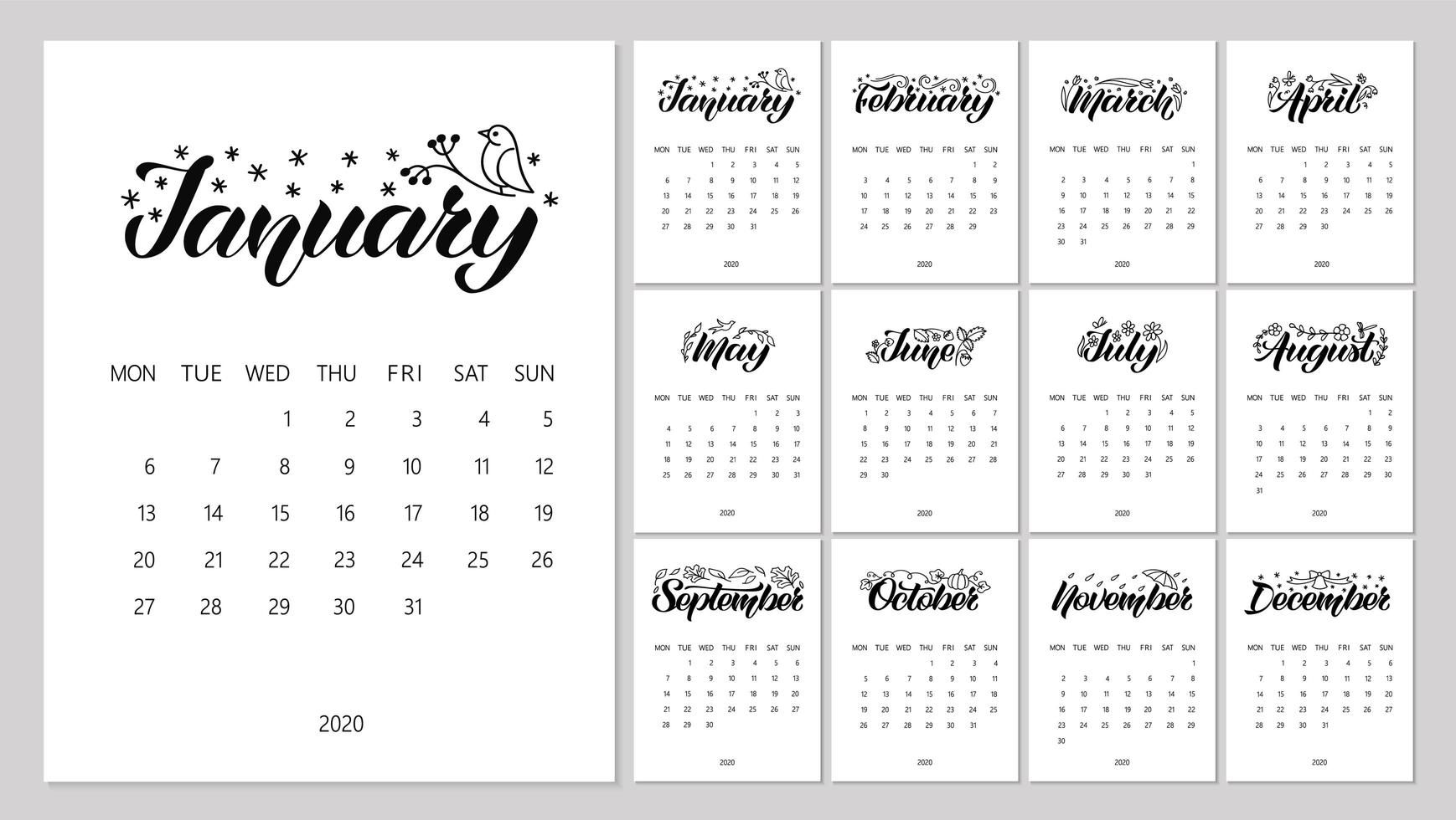 Vector Calendar Planner for 2020 Year with handdrawn lettering and doodles. Set of 12 Months. Week starts Monday. Stationery Design.