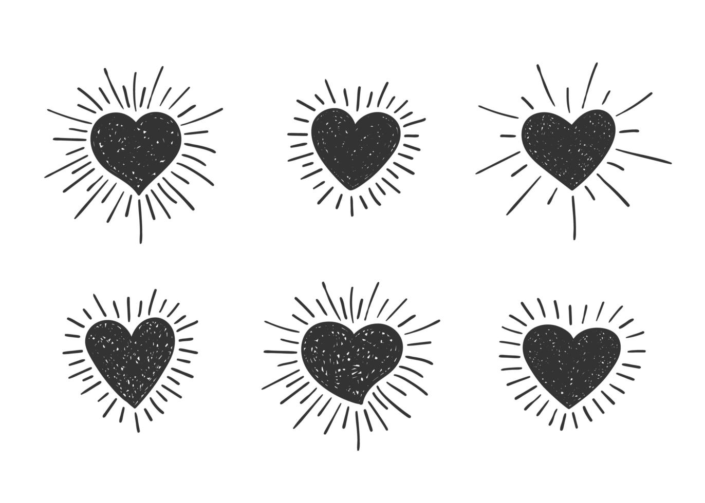 Set of doodle textured heart shapes with retro styled sun rays. Collection of different hand drawn romantic hearts for sticker, label, love logo and Valentines day design. vector