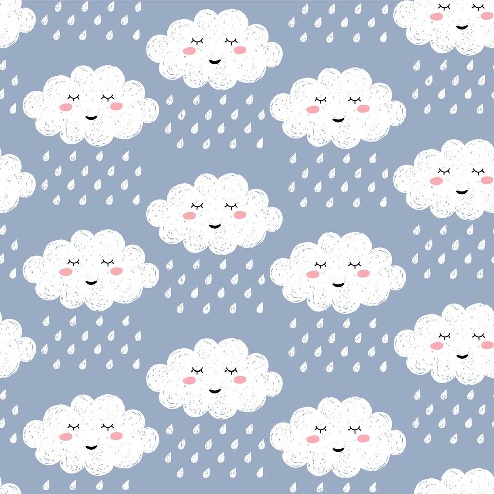 Seamless pattern with cute happy cartoon kawaii cloud on blue backdrop with rain drops. Dreaming cloud vector background.