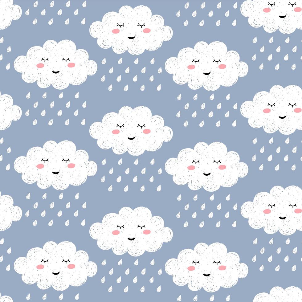 Patrón sin fisuras con nubes kawaii de dibujos animados feliz lindo sobre fondo azul con gotas de lluvia. soñando fondo de vector de nube.