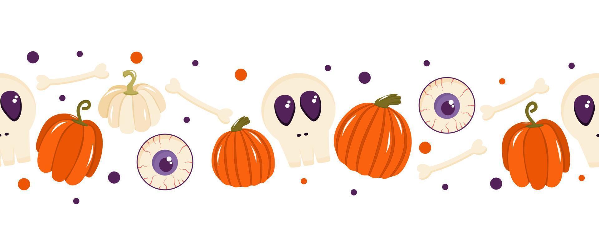 frontera sin costuras para halloween con caramelos, calabazas, huesos y un globo ocular. ilustración vectorial de un patrón sin costuras. vector